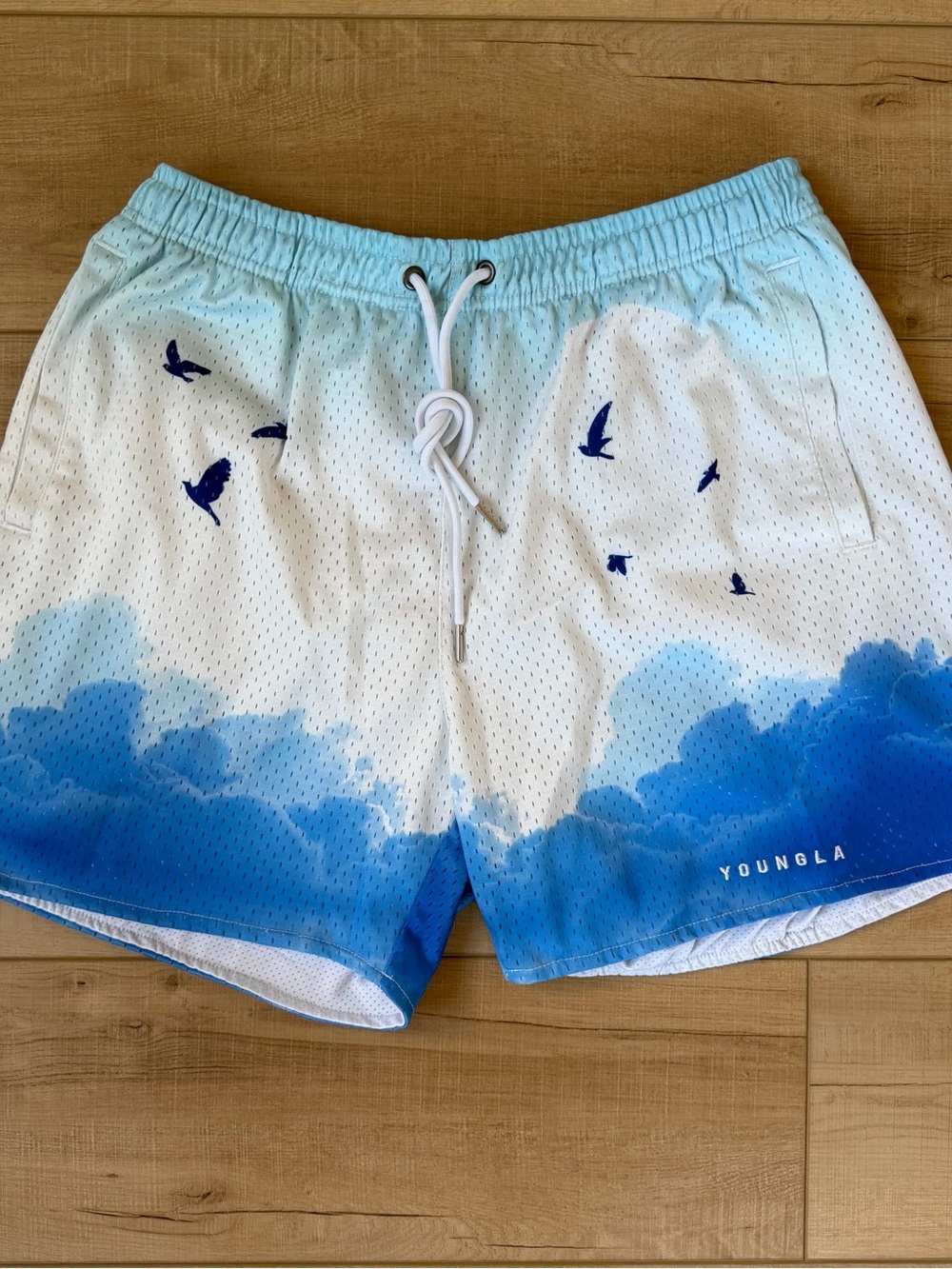 YoungLA White & Blue Men's Swim Trunks with Cloud & Bird Print